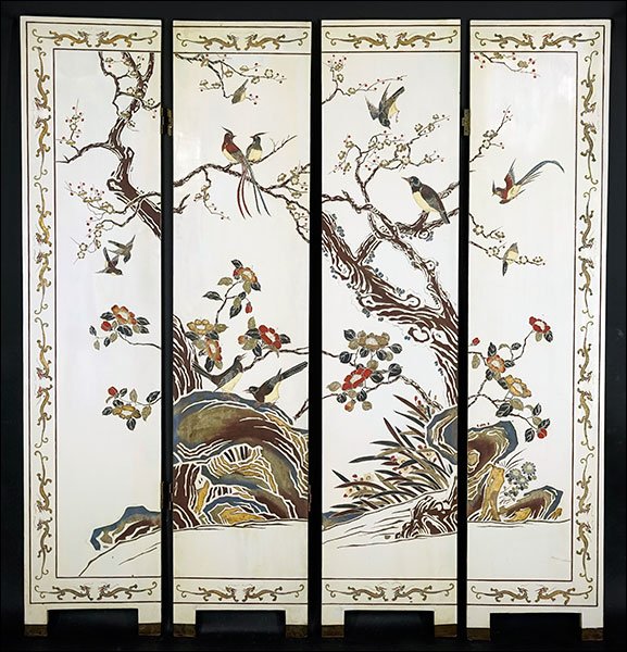 A Chinese Four-Panel White Lacquered Floor Screen.: A Chinese Four-Panel White Lacquered Floor Screen. Both sides depict a motif of birds with one side bearing a foliate border and the other a border of flowers Each panel: 72" x 16"