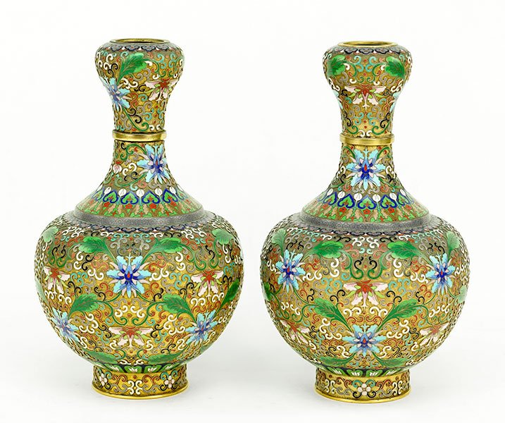 A Pair of Champleve Enamel Vases.: A Pair of Champleve Enamel Vases. Height: 10"