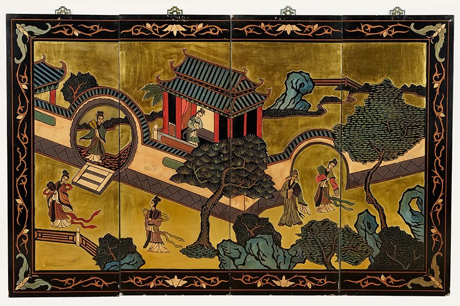 A Chinese Four Panel Screen.: A Chinese Four Panel Screen. Separated for use as individual wall hangings Each panel: 36" x 14"
