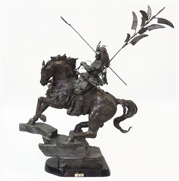 Laran R. Ghiglieri (American, 20th Century) Samurai.: Laran R. Ghiglieri (American, 20th Century) Samurai. Patinated bronze sculpture, raised on a marble base. Signed on sculpture, and bearing a plaque with title and artist's name mounted to base Overall