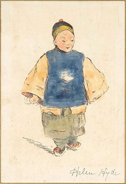 Helen Hyde (1868-1919) Young Child.: Helen Hyde (1868-1919) Young Child. Hand colored woodblock print. Pencil signed "Helen Hyde" in lower right corner Sight: 6.75" x 4.5"