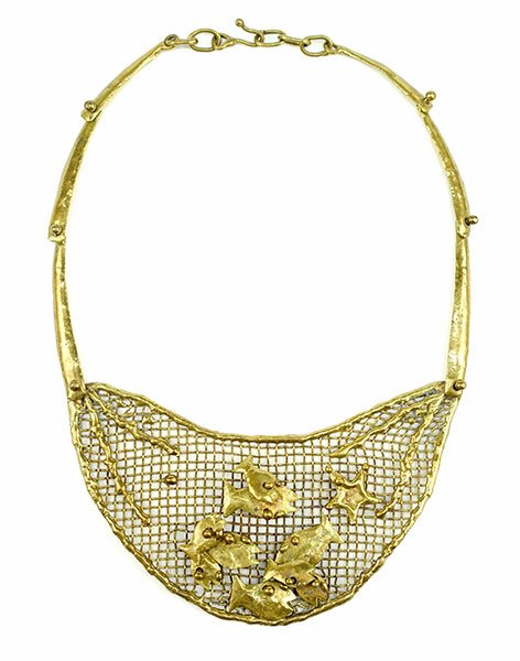 A Pal Kepenyes Brass Bib Necklace.: A Pal Kepenyes Brass Bib Necklace. Mesh bib contains articulated fish and starfish forms. Unsigned Length: 18"