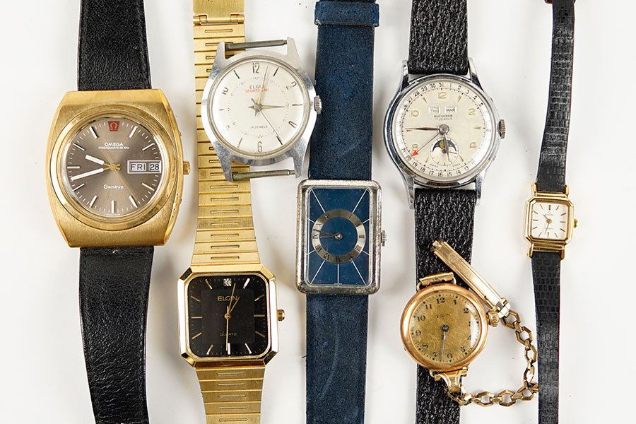 An Omega Geneve Watch.: An Omega Geneve Watch. Together with an Elgin gold tone watch, A Bucherer watch, an Elgin lady's gold tone watch, an Elgin lady's gold tone Retro round watch, an Elgin Sportsman watch face, and an Elg