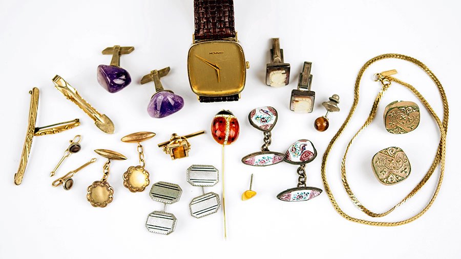 A Collection of Men's Jewelry.: A Collection of Men's Jewelry. Comprising pairs of cufflinks, a Movado watch, tie tacks, a stick pin, and other