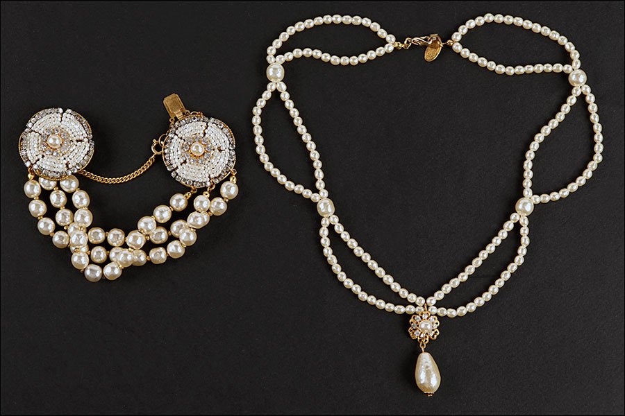 A Miriam Haskell Faux Baroque Pearl Triple Strand: A Miriam Haskell Faux Baroque Pearl Triple Strand Bracelet. Together with a Miriam Haskell faux pearl necklace Bracelet length: 7.5"