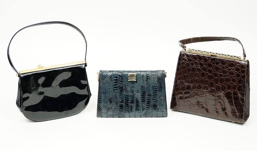 A Brown Alligator Handbag.: A Brown Alligator Handbag. Together with a Koret black patent leather handbag, and a blue snakeskin handbag Alligator: 9" x 9" x 3"