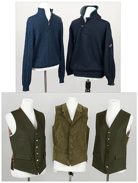 Three Hunter Green Waistcoats.: Three Hunter Green Waistcoats. Two by Kent and Curwin, one by The Blenheim Collection. Together with one navy Brooks Brothers cotton sweater (size Small) and an additional navy sweater (size Medium) E