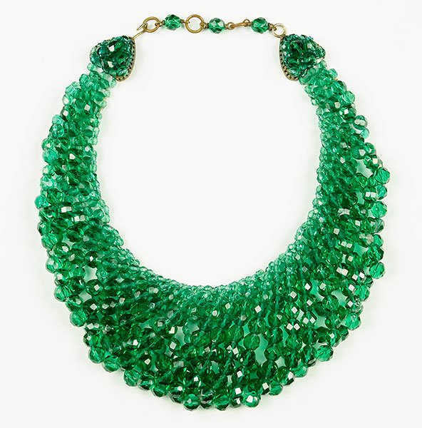 An Italian Coppola E Toppo Green Faceted Bead Necklace.: An Italian Coppola E Toppo Green Faceted Bead Necklace. Multi-strand bead necklace graduates in color and size from lightest and smallest, to largest and darkest. Reverse of one clasp is stamped "Made