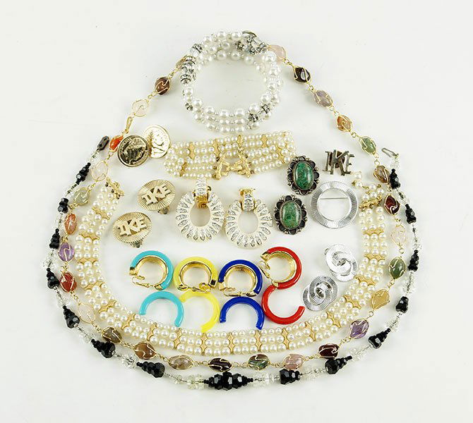 A Ciner Faux Pearl Demi-Parure.: A Ciner Faux Pearl Demi-Parure. Comprising a three-strand necklace and a bracelet. Together with a pair of Kenneth Lane white enamel earclips, a pair of Mexican sterling silver earclips, a Winard ster