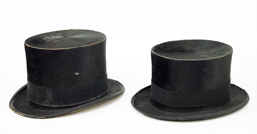 Two Victorian Beaver Top Hats.: Two Victorian Beaver Top Hats. One marked 'Henry Heath' on interior (6" in height), the other marked 'Hertz Habit Makers' on interior (5.5" in height)