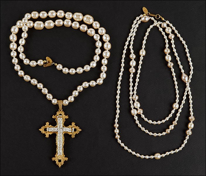 A Miriam Haskell Faux Baroque Pearl Crucifix Necklace.: A Miriam Haskell Faux Baroque Pearl Crucifix Necklace. Together with a Miriam Haskell faux pearl single strand necklace (Length: 46")