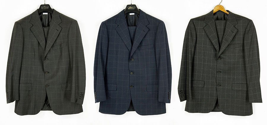 Three Brioni Wool Window Pane Suits.: Three Brioni Wool Window Pane Suits. One is navy, two are gray Approximate Size Of Each: 38/39
