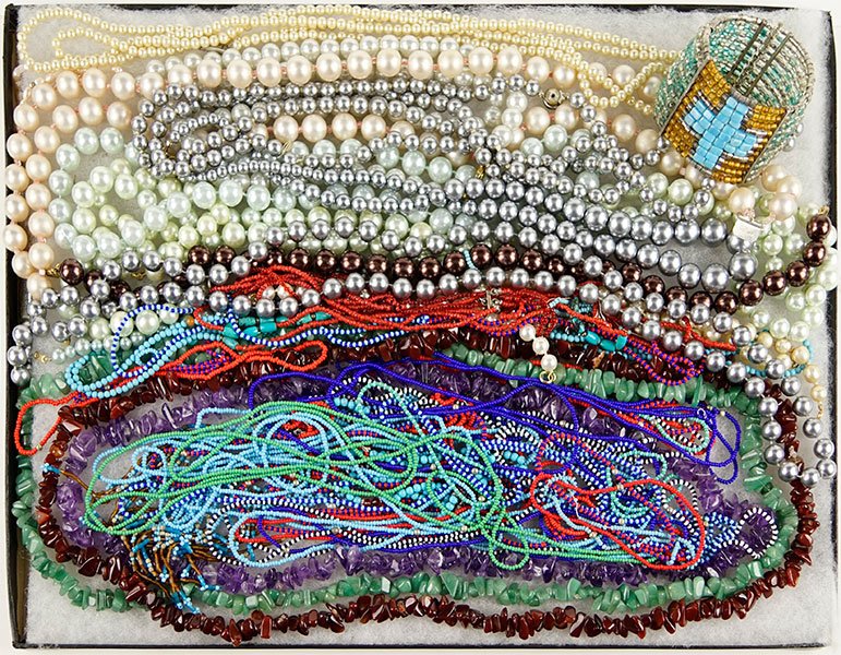 Three Semi-Precious Stone Bead Necklaces.: Three Semi-Precious Stone Bead Necklaces. Together with a collection of faux pearl necklaces and additional beaded necklaces and bracelets