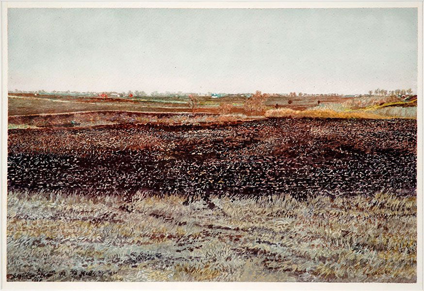 Harold Gregor (American, B. 1929) Illinois Landscape,: Harold Gregor (American, B. 1929) Illinois Landscape, Series 2, No. 2. Watercolor on paper, signed LR, dated to 1977 Sight: 12" x 18" Frame: 19.5" x 25.5"