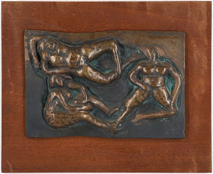 Abbott Pattison (American, 1916-1999) Three Nudes.: Abbott Pattison (American, 1916-1999) Three Nudes. Bronze relief plaque mounted to wood, signed UR Bronze: 8" x 12" Wood: 13" x 16"