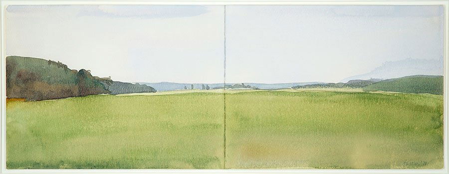 Susan Shatter (American, 1943-2011) Untitled Landscape.: Susan Shatter (American, 1943-2011) Untitled Landscape. Watercolor on paper, pencil signed and dated 1971 LR Sheet: 8.75" x 24" Frame: 18" x 33"