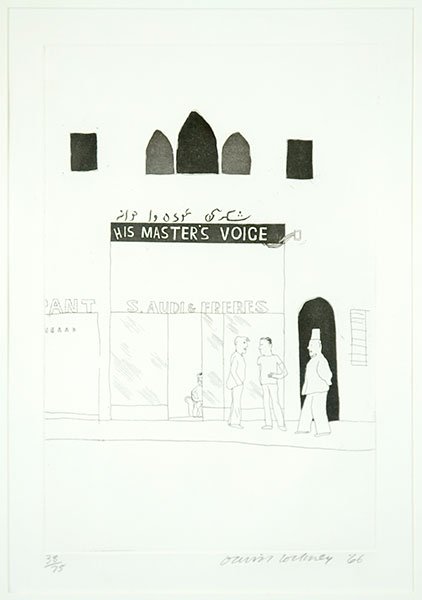 David Hockney (British, B. 1937) The Shop Window.: David Hockney (British, B. 1937) The Shop Window. Etching with aquatint, pencil numbered 38/75 LL, pencil signed and dated '66 LR. Paper label en verso reads artist, title, medium, edition, size, date