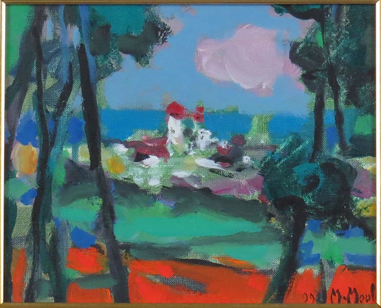 Marcel Mouly (French, 1918-2008) Village Sur La Mer.: Marcel Mouly (French, 1918-2008) Village Sur La Mer. Oil on canvas. Signed and dated '99 LR. Signed, titled, and dated 'Gentilly 1999' en verso Canvas: 8.75" x 10.75" Frame: 16.75" x 18.75"