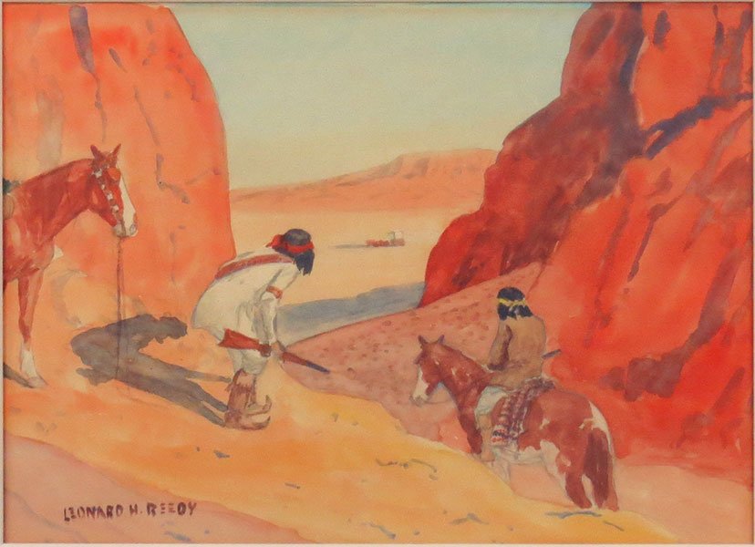 Leonard Reedy (1899-1956) Stalking The Enemy.: Leonard Reedy (1899-1956) Stalking The Enemy. Watercolor on paper. Signed "Leonard H. Reedy" LL Sight: 8" x 11"