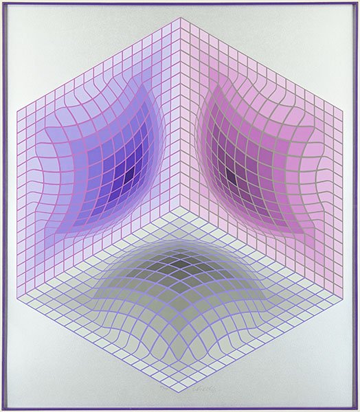 Victor Vasarely (French/Hungarian, 1902-1978) Tridos.: Victor Vasarely (French/Hungarian, 1902-1978) Tridos. Serigraph, pencil numbered 34/300 and signed lower center. Bearing a Circle Art Corporation label en verso Sight: 31.5" x 27.5" Frame: 44" x 40"