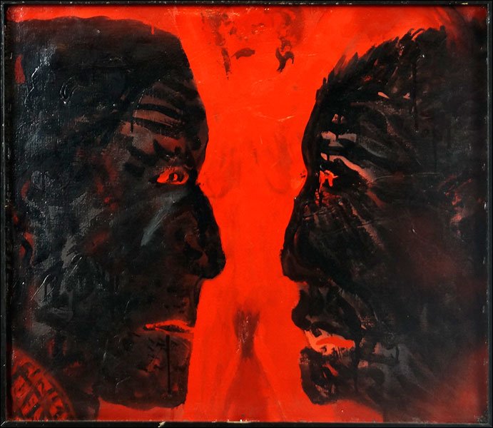 Artist Unknown (20th Century) Red Man With Two Black: Artist Unknown (20th Century) Red Man With Two Black Faces. Oil on canvas laid to board. Unsigned Sight: 24.25" x 28.5" Frame: 27.5" x 31"