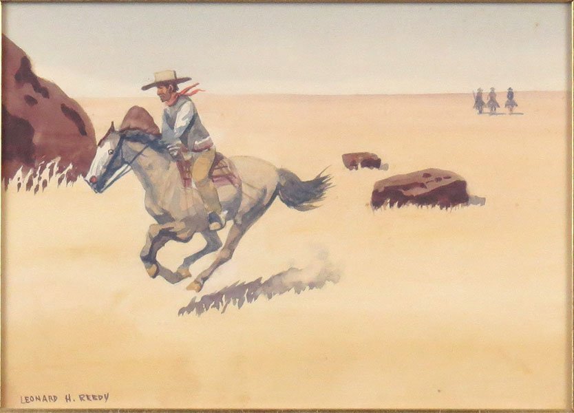 Leonard Reedy (1899-1956) Pursued by Outlaws.: Leonard Reedy (1899-1956) Pursued by Outlaws. Watercolor on paper. Signed "Leonard H. Reedy" LL. Verso bears a "Wally Findlay Galleries" label Sight: 7.5" x 10.5"