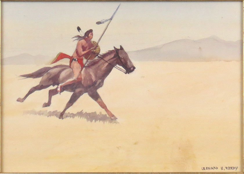 Leonard Reedy (1899-1956) A Cheyenne Warrior.: Leonard Reedy (1899-1956) A Cheyenne Warrior. Watercolor on paper. Signed "Leonard H. Reedy" LR. Verso bears a "Wally Findlay Galleries" label Sight: 7.5" x 10"
