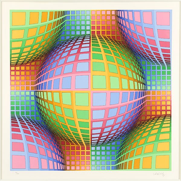 Victor Vasarely (French-Hungarian, 1908-1997) Rivotril.: Victor Vasarely (French-Hungarian, 1908-1997) Rivotril. Serigraph, pencil numbered 75/300 LL and pencil signed LR Sight: 29" x 29" Frame: 40" x 40"
