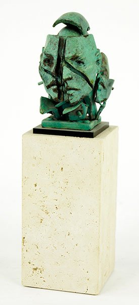 Ted Gall (American, B. 1941) Facets in Blue.: Ted Gall (American, B. 1941) Facets in Blue. Bronze sculpture mounted to a travertine base. Signed With base: 11" x 3" x 4"