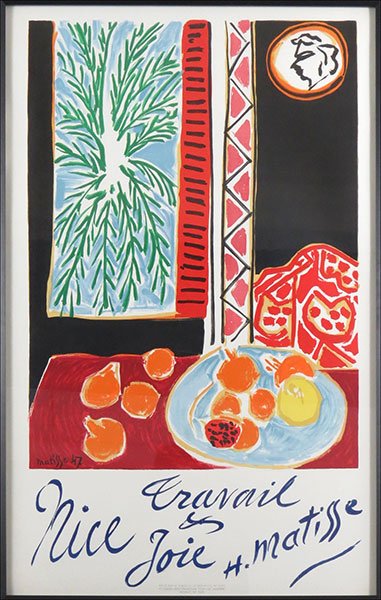 After Henri Matisse (French, 1869-1954) Nice Travail Et: After Henri Matisse (French, 1869-1954) Nice Travail Et Joie. Signed and dated '47 within print. Published by Mourlot Imp. Paris Sight: 39" x 25" Frame: 43" x 29"