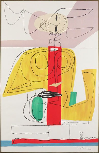After Charles Edouard Le Corbusier (French, 1887-1965): After Charles Edouard Le Corbusier (French, 1887-1965) Taureau. Color lithograph. Signed and dated 17-2-63 within print Sight: 43" x 28" Frame: 43.5" x 29"