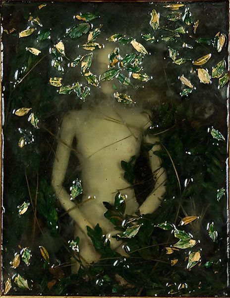 Attributed To Jeff Aeling (American, B. 1958) Woman In: Attributed To Jeff Aeling (American, B. 1958) Woman In Trees. Mixed media on wood. Unsigned Board: 10.5" x 8.5" Frame: 15.5" x 13"