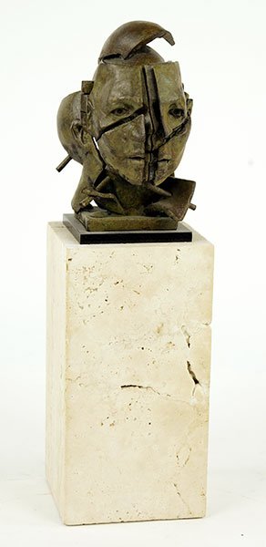 Ted Gall (American, B. 1941) Facets in Green.: Ted Gall (American, B. 1941) Facets in Green. Bronze sculpture with hinged parts mounted to a travertine base. Signed With base: 11" x 3" x 3"