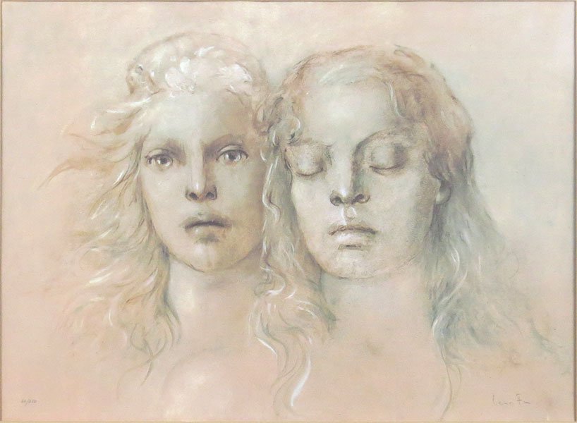 Leonor Fini (Argentinian, 1907-1996) Two Faces.: Leonor Fini (Argentinian, 1907-1996) Two Faces. Color lithograph. Pencil numbered 66/250 LL, pencil signed LR. Paper is embossed MET LR Sight: 21" x 29" Frame" 31.5" x 38.5"