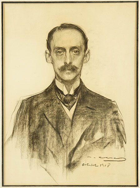 Ramon Casas I Carbo (Spanish, 1866-1932) Sir Hugh Lane.: Ramon Casas I Carbo (Spanish, 1866-1932) Sir Hugh Lane. Charcoal, signed and dated 1908 18"x13.5"