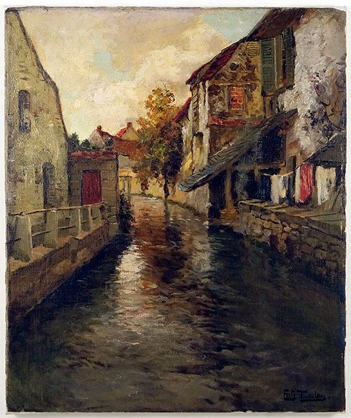 Frits Thaulow (Norwegian, 1847-1906) Canal Scene.: Frits Thaulow (Norwegian, 1847-1906) Canal Scene. Oil on canvas. Signed "Fritz Thaulow" in lower right corner. Original canvas was removed from the stretcher and applied to the current canvas Canvas: 