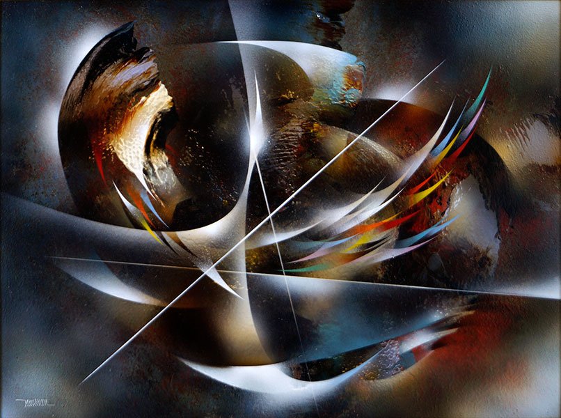 Leonardo Nierman (Mexican, B. 1932) Cosmic Wind.: Leonardo Nierman (Mexican, B. 1932) Cosmic Wind. Oil on masonite. Signed LL. Titled en verso Canvas: 24.5" x 33" Frame: 40" x 32"