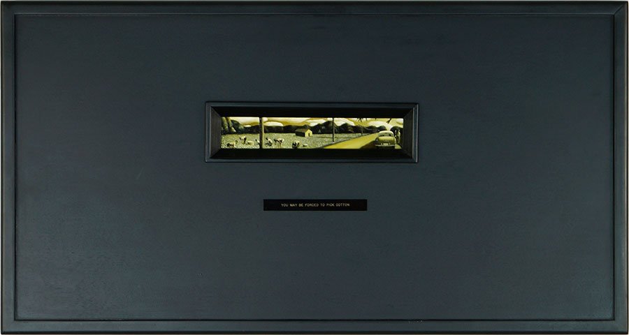 David Hodges (American, B. 1960) You May Be Forced To: David Hodges (American, B. 1960) You May Be Forced To Pick Cotton. Oil on panel. Plaque under panel reads 'You May Be Forced to Pick Cotton'. Bearing Dart Gallery label en verso Panel: 2.5" x 9.5" Fra