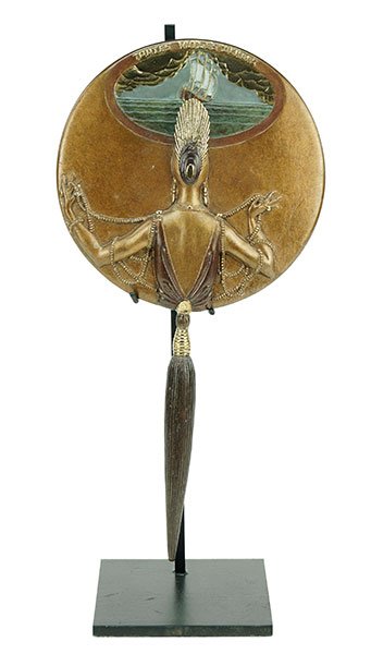 Romain De Tirtoff Erte (1892-1990) All Sails Up.: Romain De Tirtoff Erte (1892-1990) All Sails Up. Bronze hand mirror, signed, edition 144/250, in custom box, together with a contemporary stand L:12"
