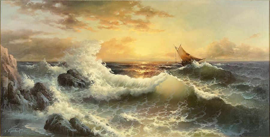 Eugene Garin (Russian, 1922-1994) Seascape.: Eugene Garin (Russian, 1922-1994) Seascape. Oil on canvas. Signed "E. Garin" in lower left corner Canvas: 26.5" x 52.5" Frame: 30.5" x 56.5"