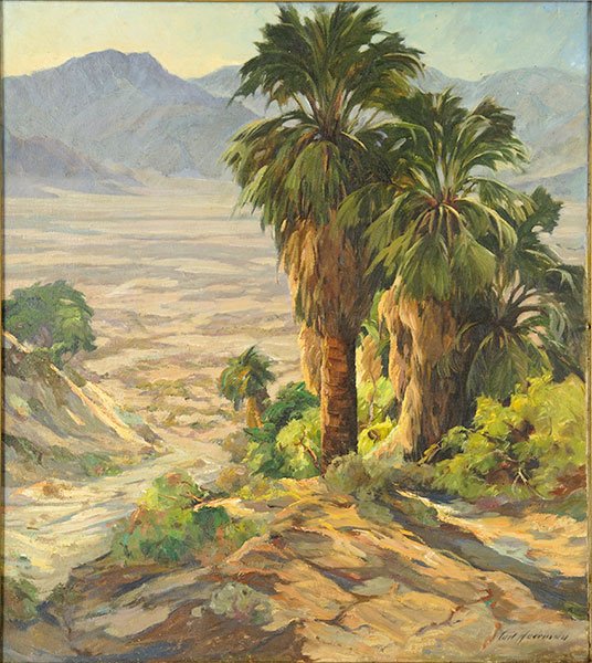 Carl Hoerman (1885-1955) Curtis Palms.: Carl Hoerman (1885-1955) Curtis Palms. Oil on canvas. Signed "Carl Hoerman" in lower right corner. Reverse bears a plaque reading "In memory of Frederick G. Pamperien 1964 Curtis Palms Palm Springs Ca