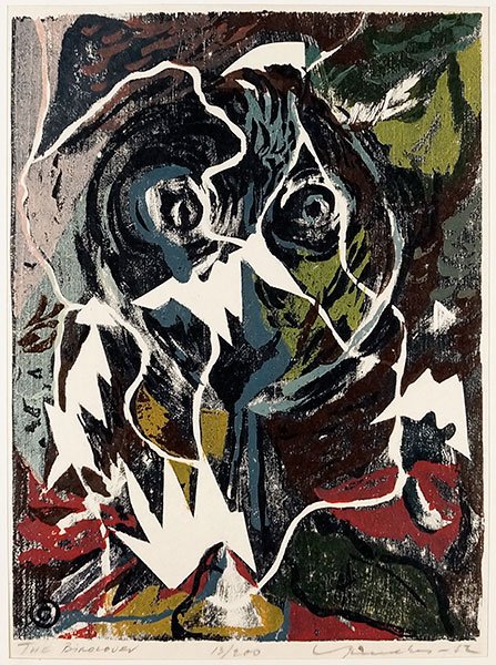 Adja Yunkers (American, 1900-1983) The Bird Lover.: Adja Yunkers (American, 1900-1983) The Bird Lover. Color woodcut print. Pencil titled LL, pencil numbered 13/200 lower center, and pencil signed and dated '52 LR Plate: 14.75" x 11"