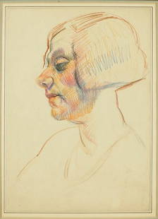 Attributed To Robert Bevan (British, 1865-1925) Bust Of: Attributed To Robert Bevan (British, 1865-1925) Bust Of A Girl. Color crayon drawing. Signed LR Sheet: 14.25" x 10.25"