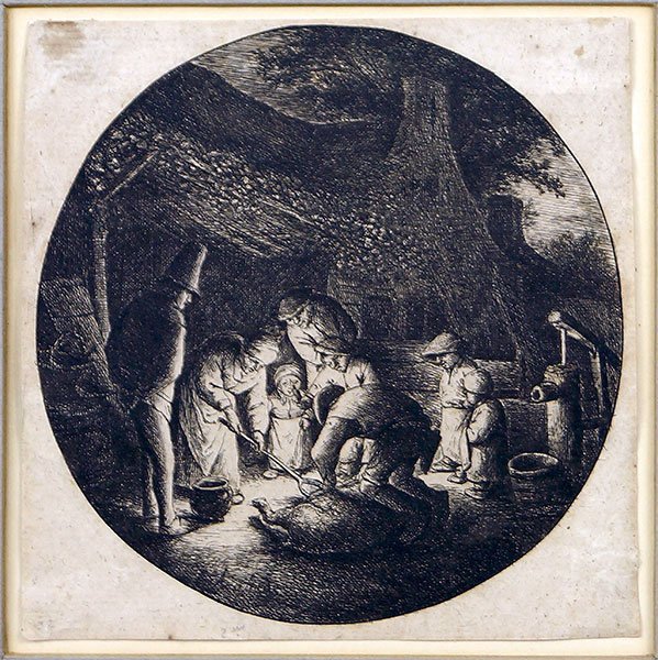 Adriaen van Ostade (Dutch, 1610-1685) The Pig Killers,: Adriaen van Ostade (Dutch, 1610-1685) The Pig Killers, 1642. Etching. Ref: Godefroy 41 VII/VII Sheet: 4.5" x 4.5" Frame: 13" x 11"