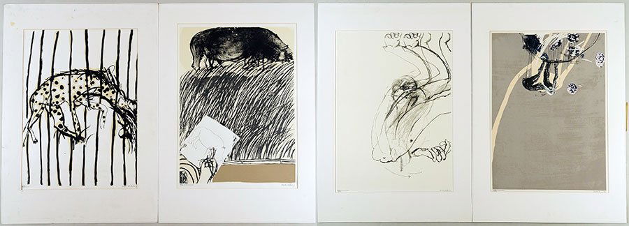 Brett Whiteley (Australian, 1939-1992) Four Color: Brett Whiteley (Australian, 1939-1992) Four Color Screenprints. Comprising 'Swinging Monkey', 'Swinging Monkey 3', 'Drawing About Drawing', and 'Hyena'. Each is numbered 37/70 LL and signed LR Each: 3