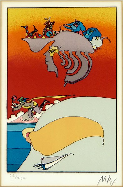 Peter Max (American, B. 1937) Traveling Along.: Peter Max (American, B. 1937) Traveling Along. Color lithograph, pencil numbered 32/250 LL and pencil signed LR. Bearing an embossed publisher's mark LL and a Merrill Chase Gallery label en verso Sigh