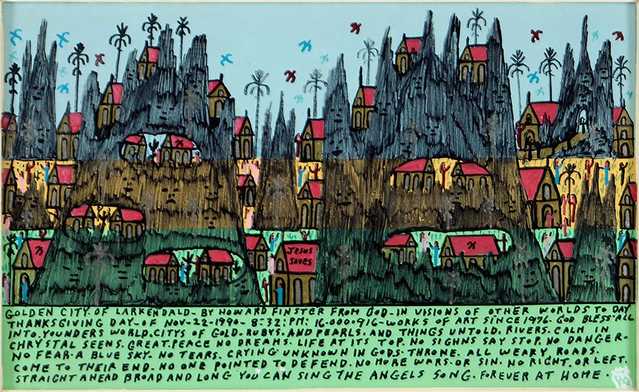 Howard Finster (American, 1916-2001) Golden City of: Howard Finster (American, 1916-2001) Golden City of Larkendald. Mixed media on board, signed and dated 1990, double sided Board: 11" x 18" Frame: 15" x 22"