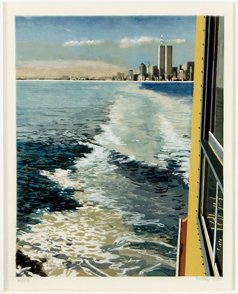 Richard Estes (American, B. 1932) New York Harbor.: Richard Estes (American, B. 1932) New York Harbor. Color woodblock print, pencil numbered 21/45 LL and pencil signed LR Sight: 9.5" x 7.5" Frame: 19.75" x 15.75"