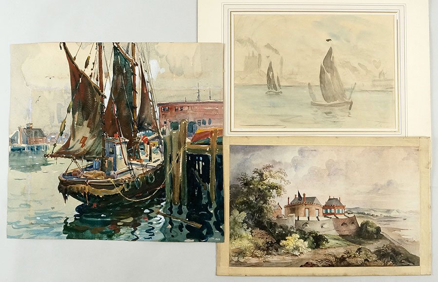 Philip Wilson Steer (British, 1860-1942) The Thames: Philip Wilson Steer (British, 1860-1942) The Thames From Cheyne Walk. Watercolor on paper. Pencil signed LR. Together with three additional watercolors and five gouache landscape sketches Thames Sight