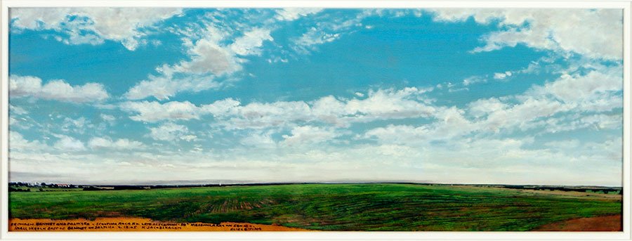 Keith Jacobshagen (American, B. 1941) Between Bennet: Keith Jacobshagen (American, B. 1941) Between Bennet and Palmyra. Oil on paper, titled 'Between Bennet and Palmyra - Scouting Roca Rd. Late Afternoon - 80 degrees - Meadowlarks on Fences - Flies Bitin